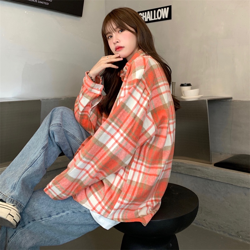 【ZHELIHANGFEI】Áo Sơ Mi Tay Dài Form Rộng Họa Tiết Kẻ Sọc Theo Phong Cách Retro Dễ