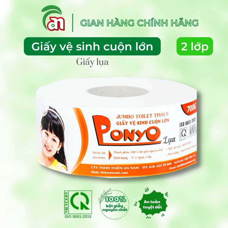 Giấy vệ sinh cuộn lớn siêu mịn PONYO JB700 2 lớp chất lượng cao hoạ tiết lụa/caro 700g - Thiên An Nam paper