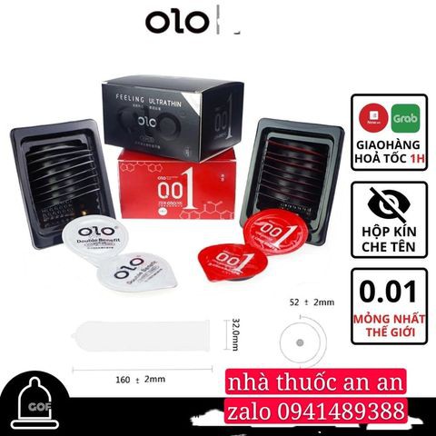 HỘP 10 BAO cao su siêu mỏng 001 OLO nhiều gel kéo dài ấm nóng truyền nhiệt