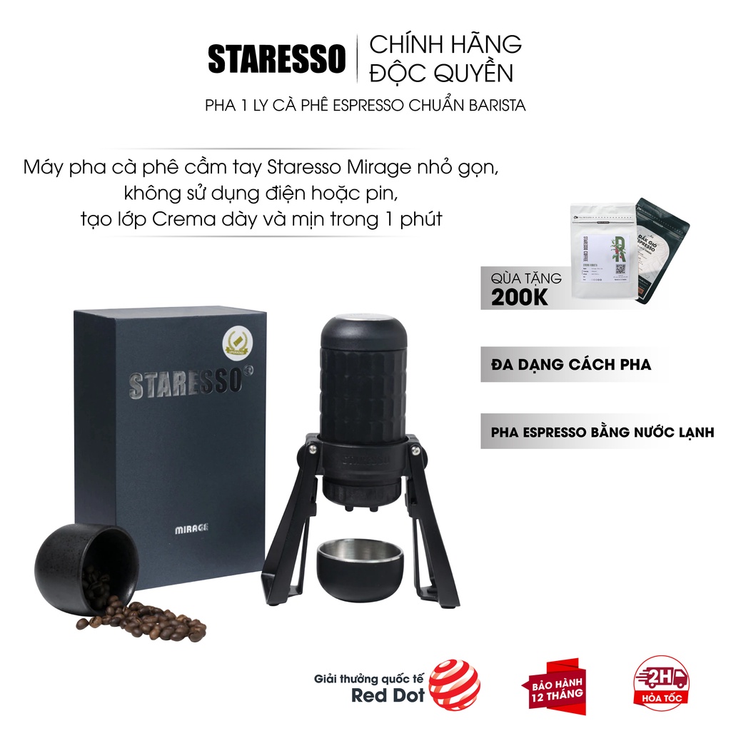 Máy pha cà phê Espresso nguyên chất cầm tay không dùng điện và pin STARESSO MIRAGE PRO  chính hãng