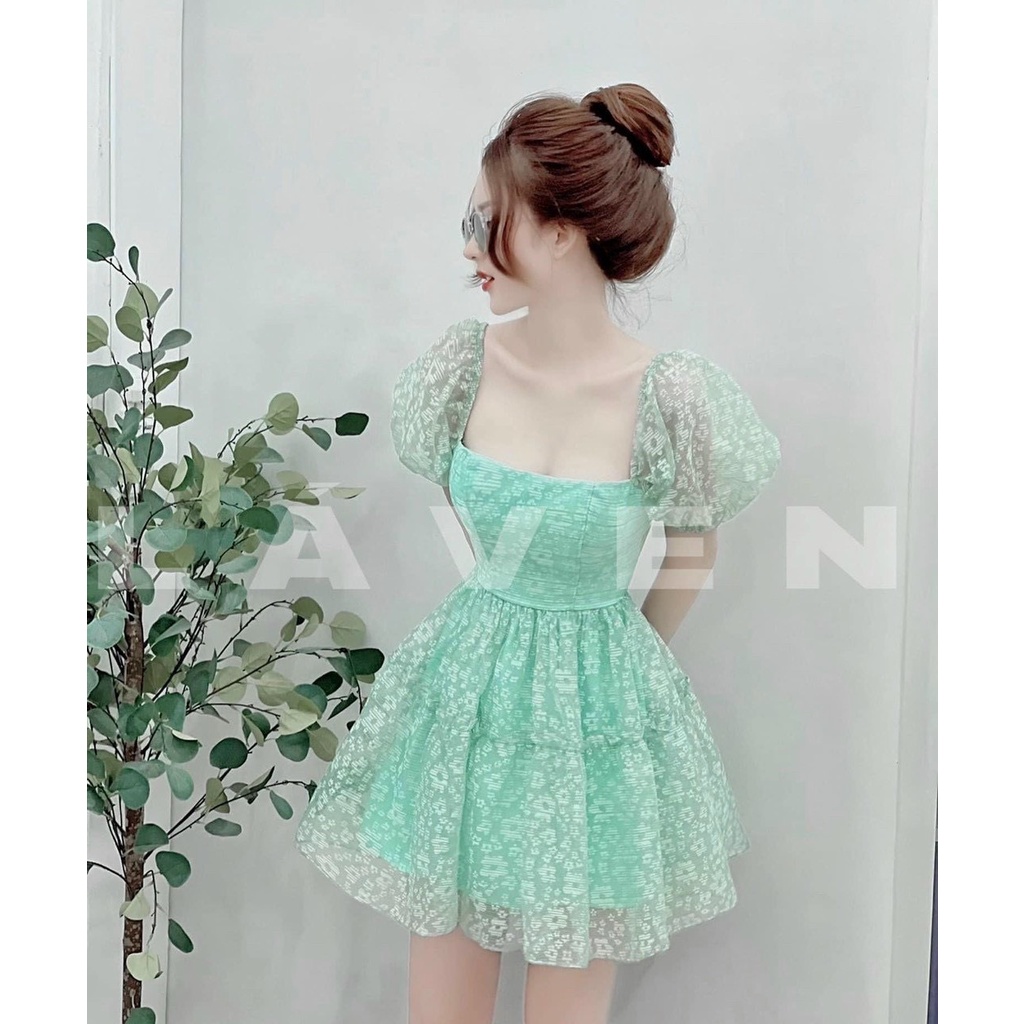 Đầm váy xòe nữ ren hoa cổ vuông tay phồng cột nơ lưng thời trang năng động trẻ trung