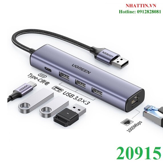 Bộ Hub chia USB 3.0 ra 3 cổng USB 3.0 + Lan Gigabit 1000Mbps Ugreen 20915 cao cấp