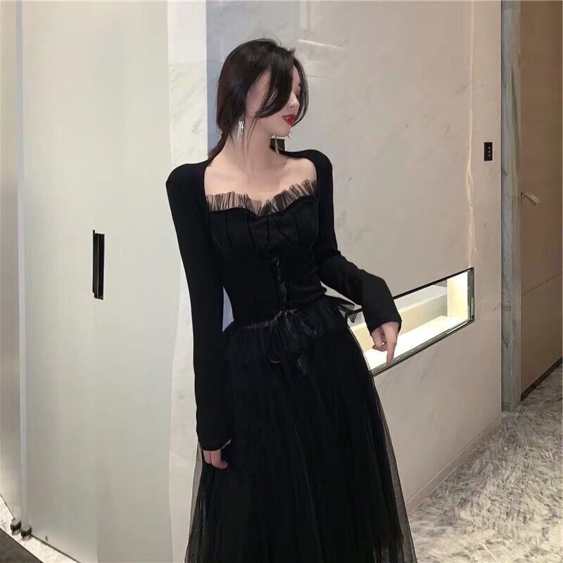 Set áo cúp ngực đan dây bụng+chân váy von xoè dài tiểu thư huyền bí