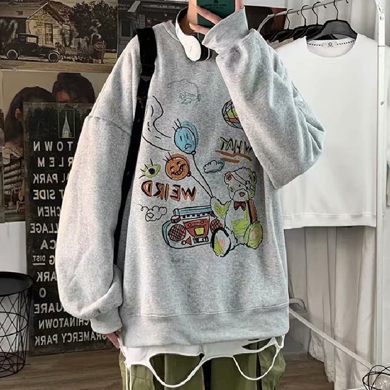 Áo sweater tay dài cổ tròn dáng rộng in họa tiết Graffiti phong cách Nhật Bản thời trang cho nam size M-5XL