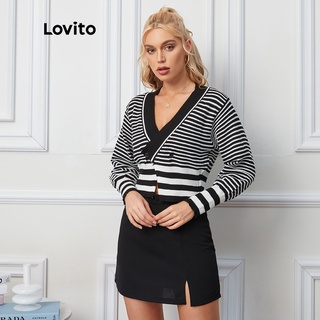 Lovito Áo cardigan cổ chữ V kẻ sọc caro màu đen L09047