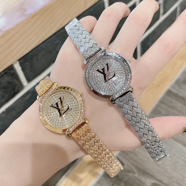 Đồng hồ nữ sang chảnh LV dây thép ko rỉ mặt tròn đính đá thời trang hợp trend giới trẻ, mặt kính mineral chống xước