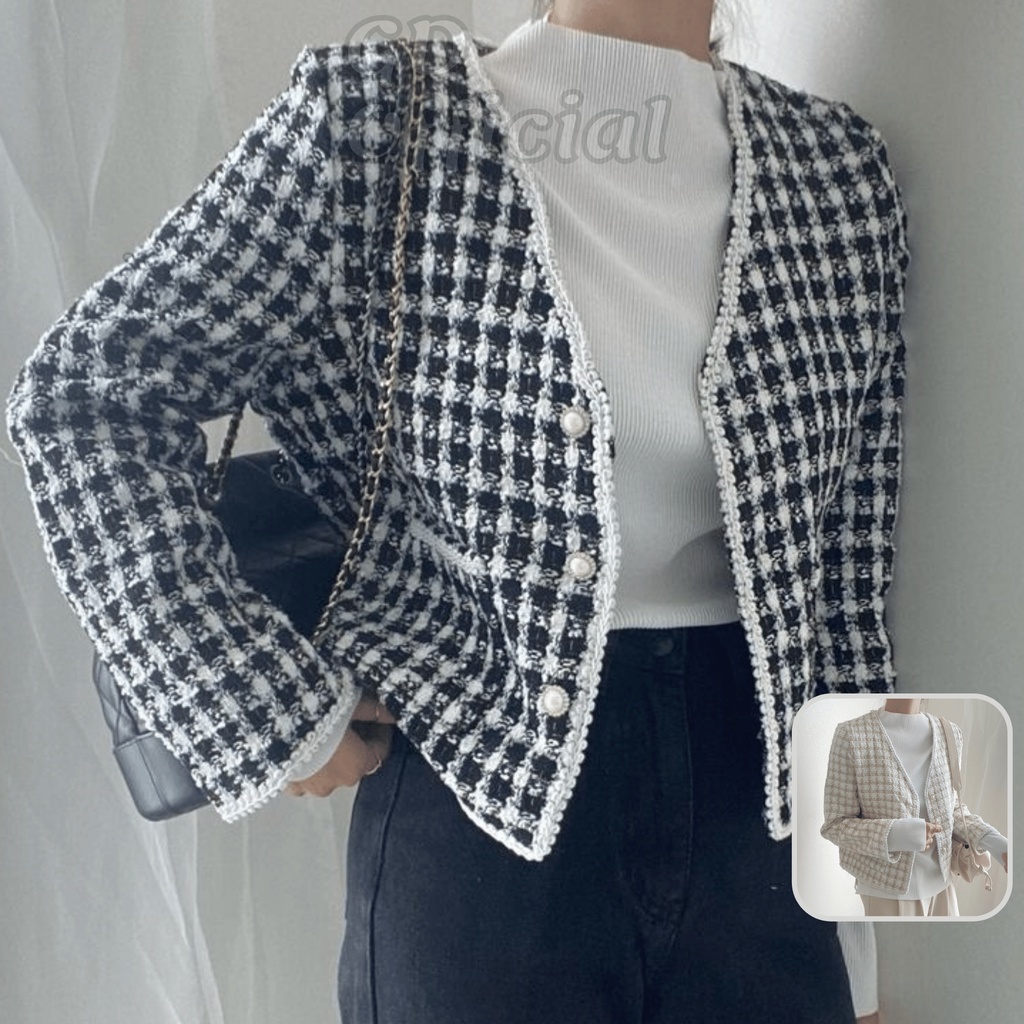 K98|Áo khoác dạ tweed mỏng nhẹ nhàng sang trọng cho nữ dáng ngắn màu be, đen GD Official