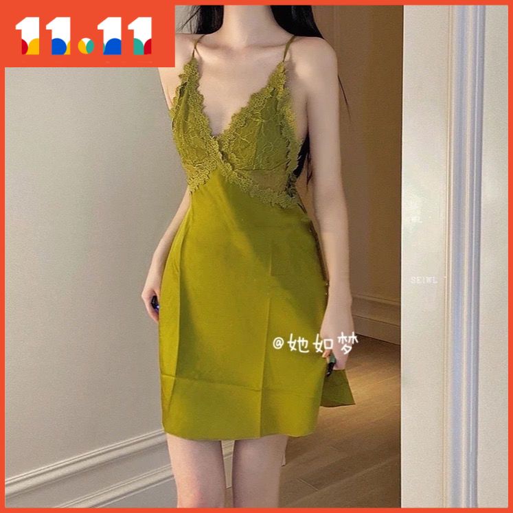 Oo: Đầm ngủ hai dây vải lụa lạnh phối ren cổ chữ V khoét sâu có đệm ngực đẹp mùa hè cho nữ