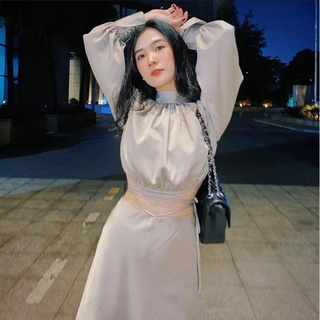 Set croptop lụa cổ cao nhún tay dài bo eo + Chân váy lụa