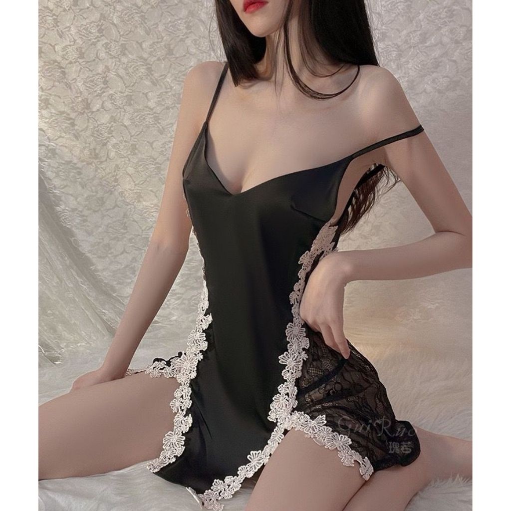 Đầm ngủ 2 dây sexy xuyên thấu Váy ngủ lụa phối ren gợi cảm xẻ tà 2 bên kèm quần chíp M53