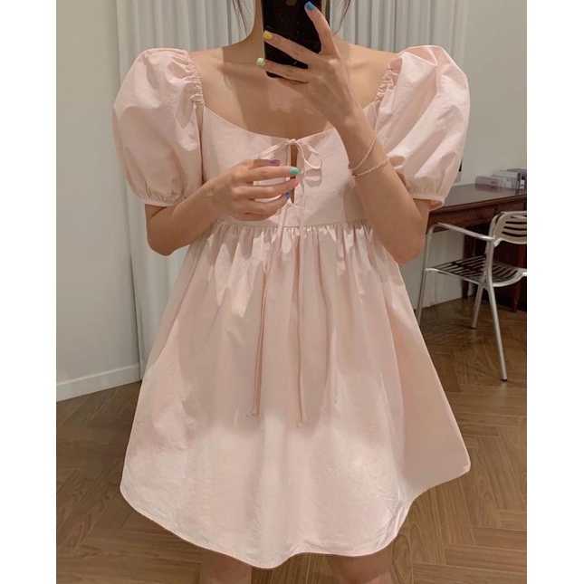 Minipie - Đầm Babydoll Tay Ngắn Nơ Ngực Màu Pastel