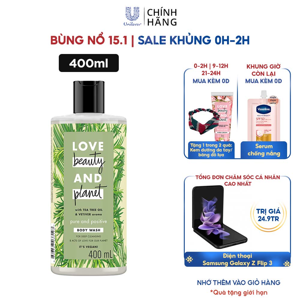 Sữa Tắm Love Beauty &amp; Planet Thải Độc Detox Lưu Hương Thanh Mát Pure And Positive Với 100% Tinh Dầu Tràm Trà Úc 400Ml