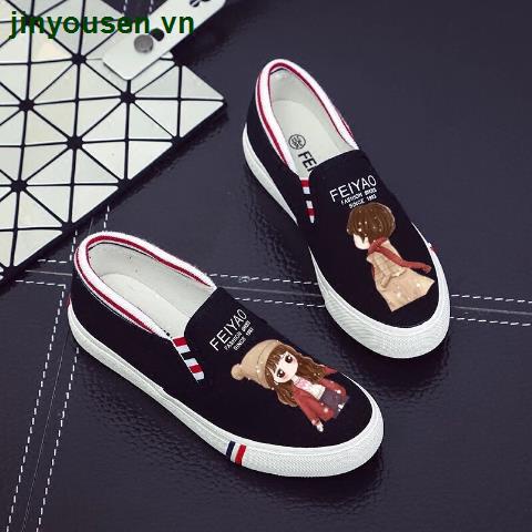 Giày lười vải canvas đế bằng in họa tiết hoạt hình phong cách Hàn Quốc thời trang xuân hè cho nữ