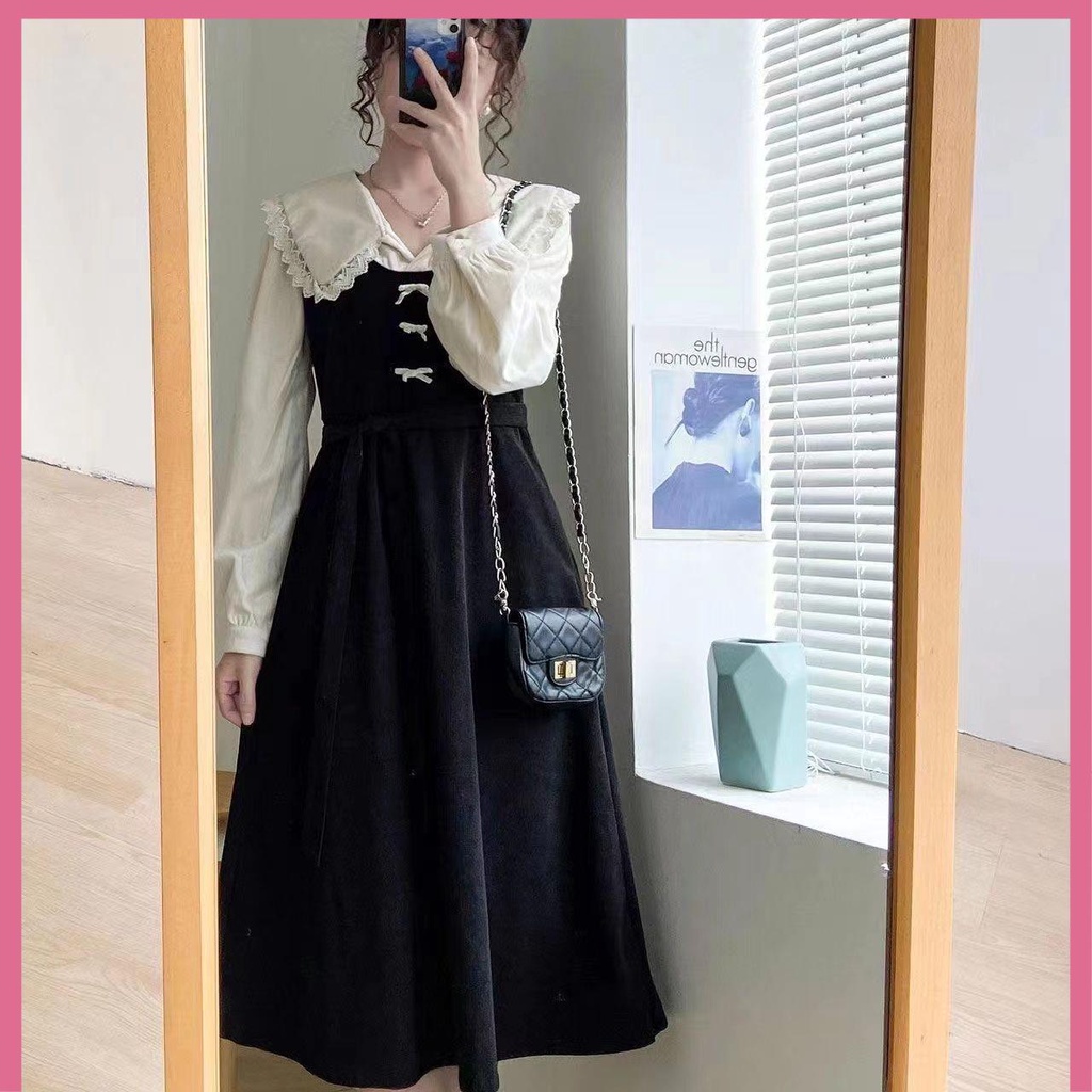 Váy babydoll Đầm Cổ Búp Bê Giả Hai Mảnh Dáng Ôm Cỡ Lớn Thời Trang Xuân Thu Cho Nữ