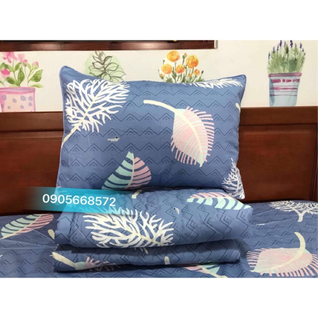 Bộ ga gối 100% coton 4 món không kèm mền nhiều size mã lá sương xám xanh.