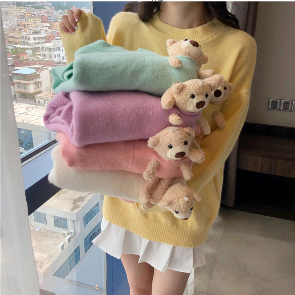 Áo Sweater Dệt Kim Chui Đầu Dáng Rộng Phối Túi In Hình Gấu Kiểu Hàn Quốc Thời Trang Mùa Thu 2020 Cho Nữ