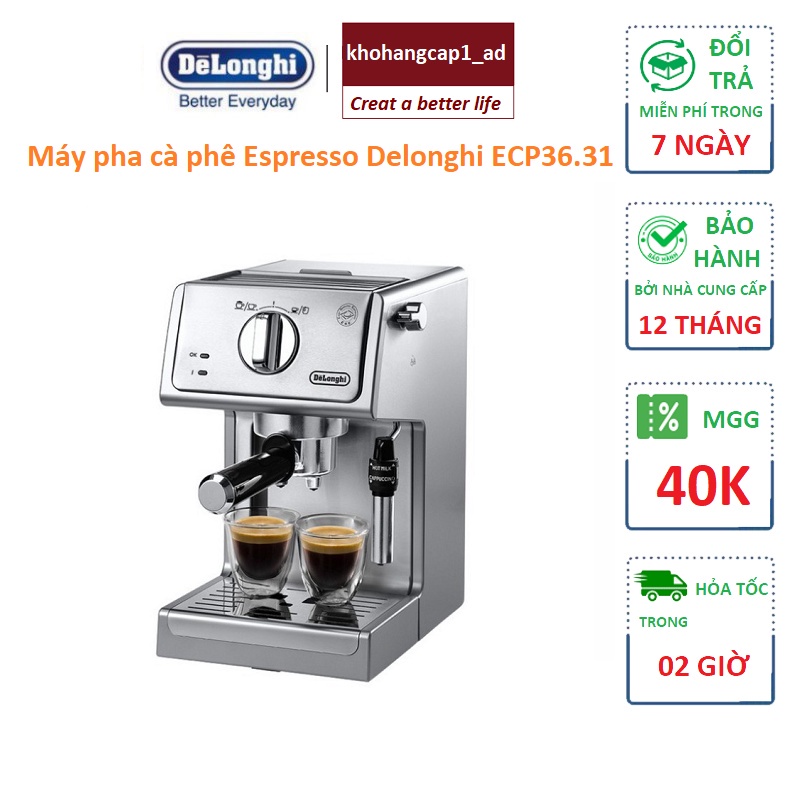 Máy pha cà phê Delonghi tự động cafe espresso tạo bọt capuchino ECP36.31 1100W - BH 12 tháng - khohangcap1_ad