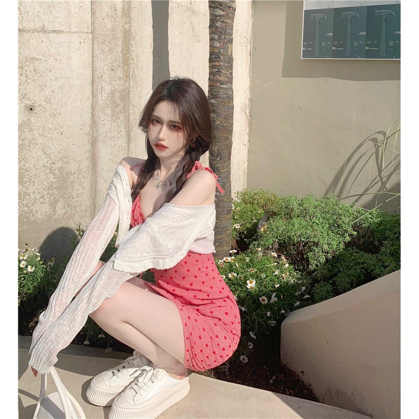 *SẴN SIZE L*   FREESHIP VÁY 2 DÂY CHẤT THUN MỊN ÔM BODY hoạ tiết trái tim thêu 👗