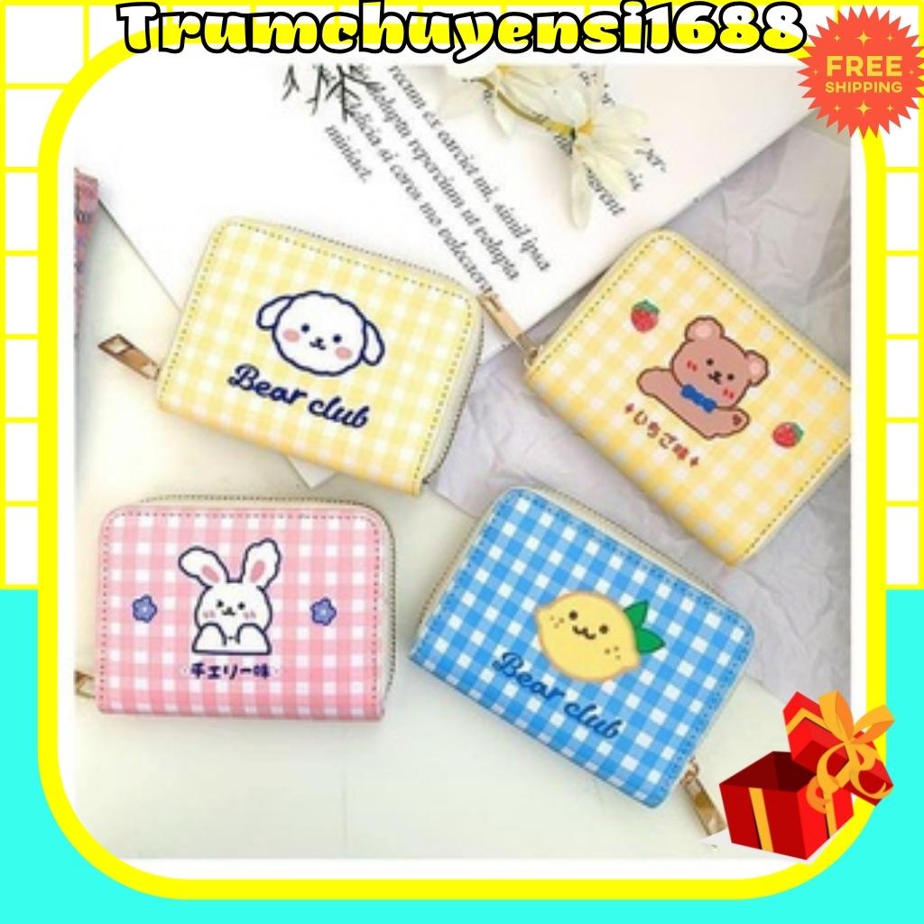 Ví Da mini cầm tay kẻ Caro khóa kéo 10 ngăn in hình gấu cừu thỏ