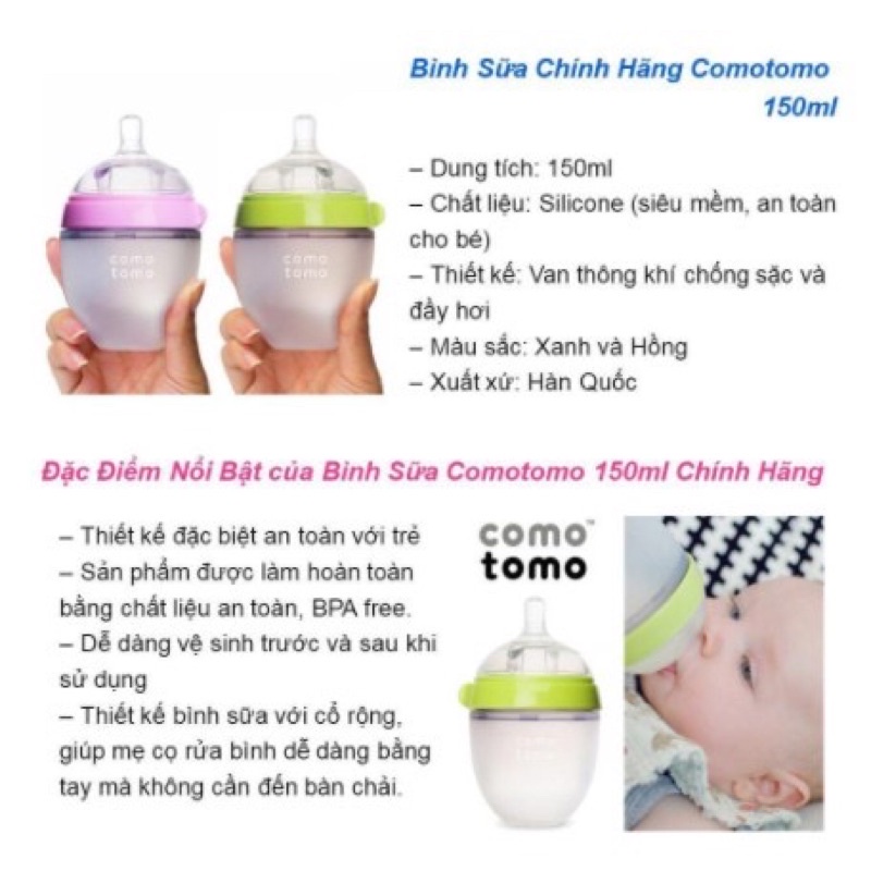 Bình Sữa Comotomo 150ml/250ml Núm Silicon Siêu Mềm Cho Bé Từ Sơ Sinh Đến 12 Tháng Tuổi