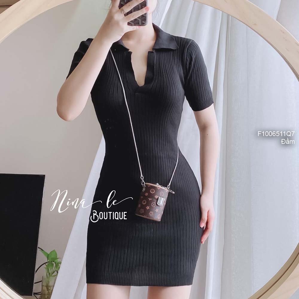 Đầm ôm body len polo cổ tim bẻ tay con hàng QC!