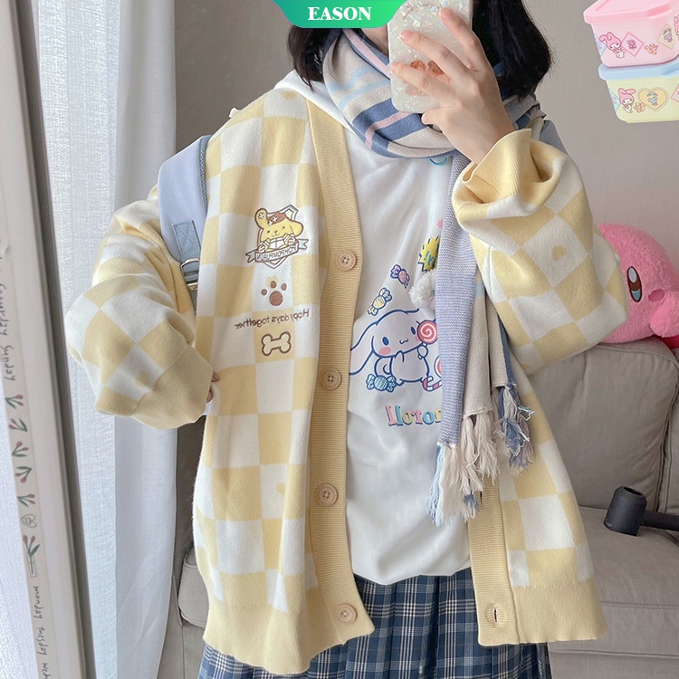 Sanrio Áo Khoác Cardigan Dệt Kim Dáng Rộng Thêu Hình Chú Chó Cinnamoroll Màu Tương Phản Dễ Thương Jk Phong Cách Preppy Cho Nữ