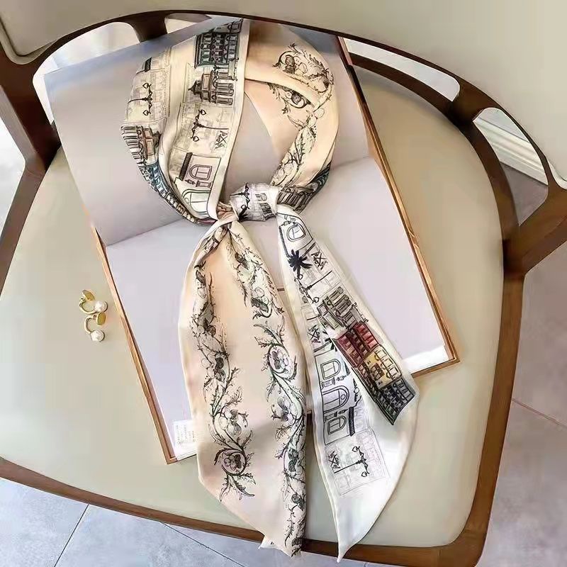 Khăn Choàng Cổ Dài Vải Lụa Họa Tiết Kẻ Sọc Phối Dây Ruy Băng Thắt Nơ Thời Trang Xuân Thu Cho Nữ