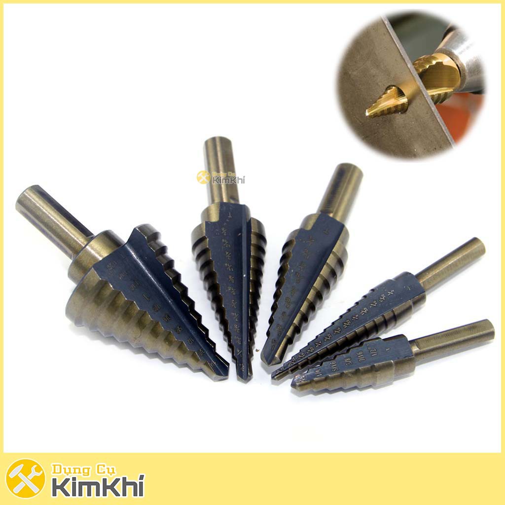 Bộ 5 mũi khoan bước công nghê hệ inch thép HSS cô ban hộp nhôm