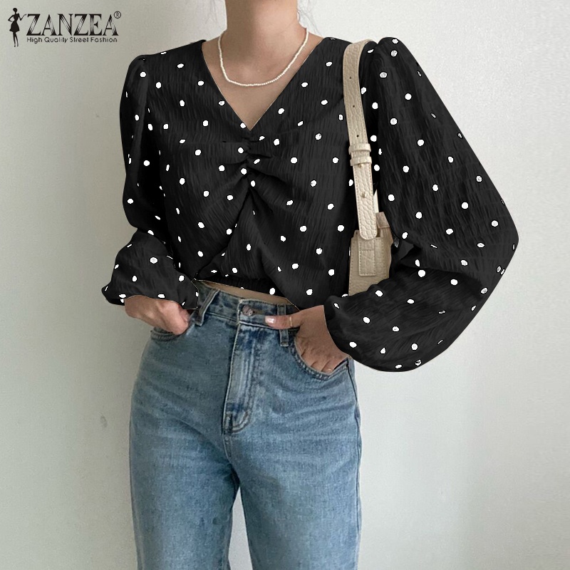 Áo ZANZEA tay dài cổ chữ V họa tiết chấm bi xinh xắn cho nữ