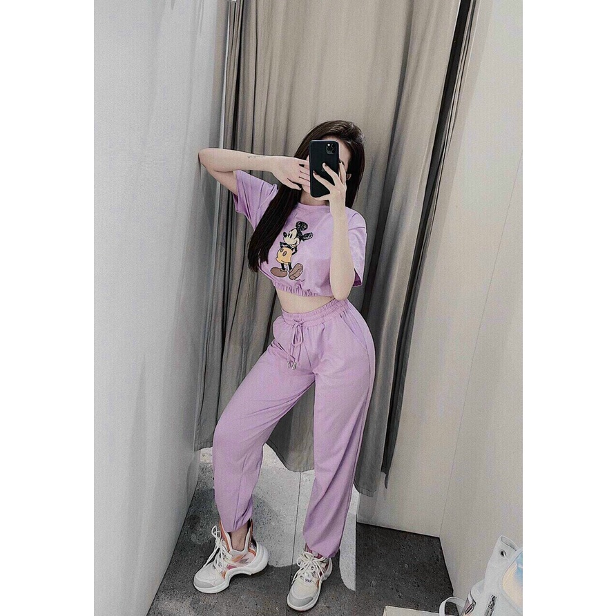 Set bộ da cá in mickey, bộ thun croptop tay ngắn in hình chuột quần ống túm đi chơi cá tính