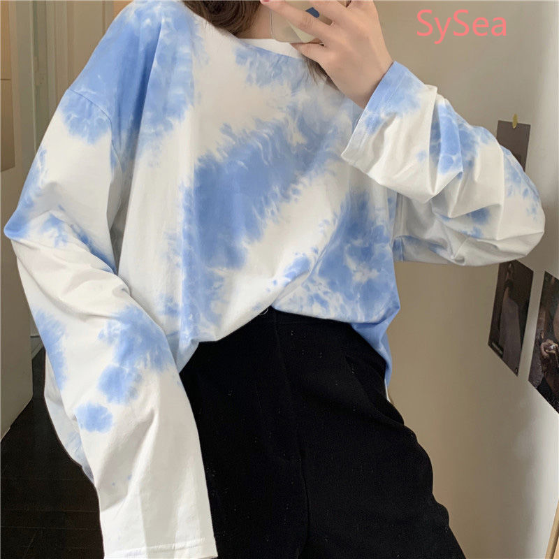 Áo thun tay dài form rộng màu loang cho nữ