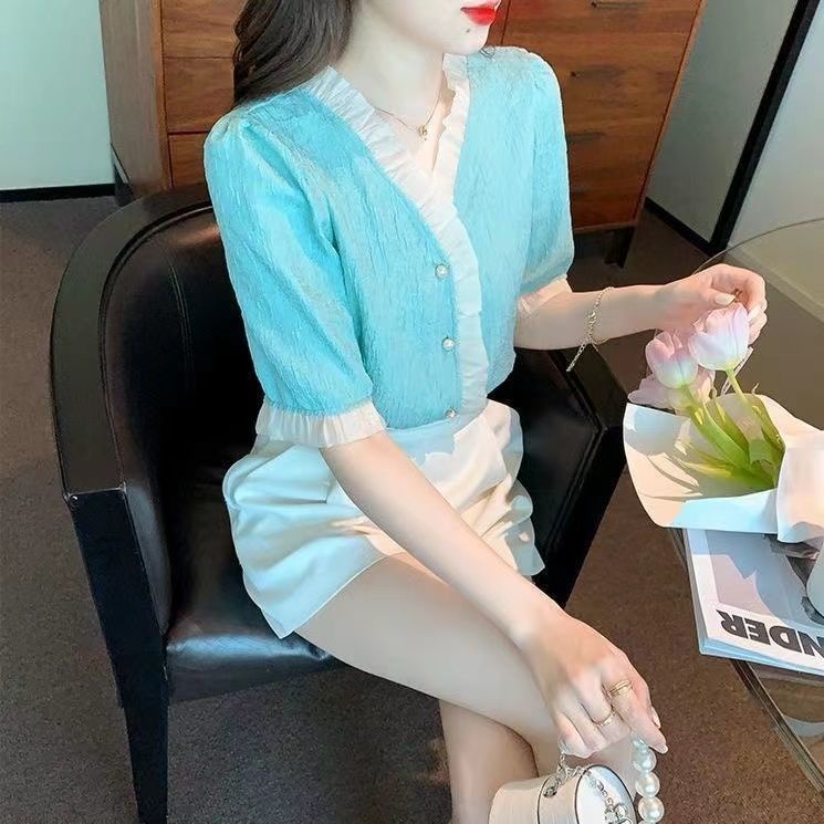 Áo Voan Ngắn Tay Cổ Chữ V Phong Cách Phương Tây Thời Trang Mùa Hè Cho Nữ