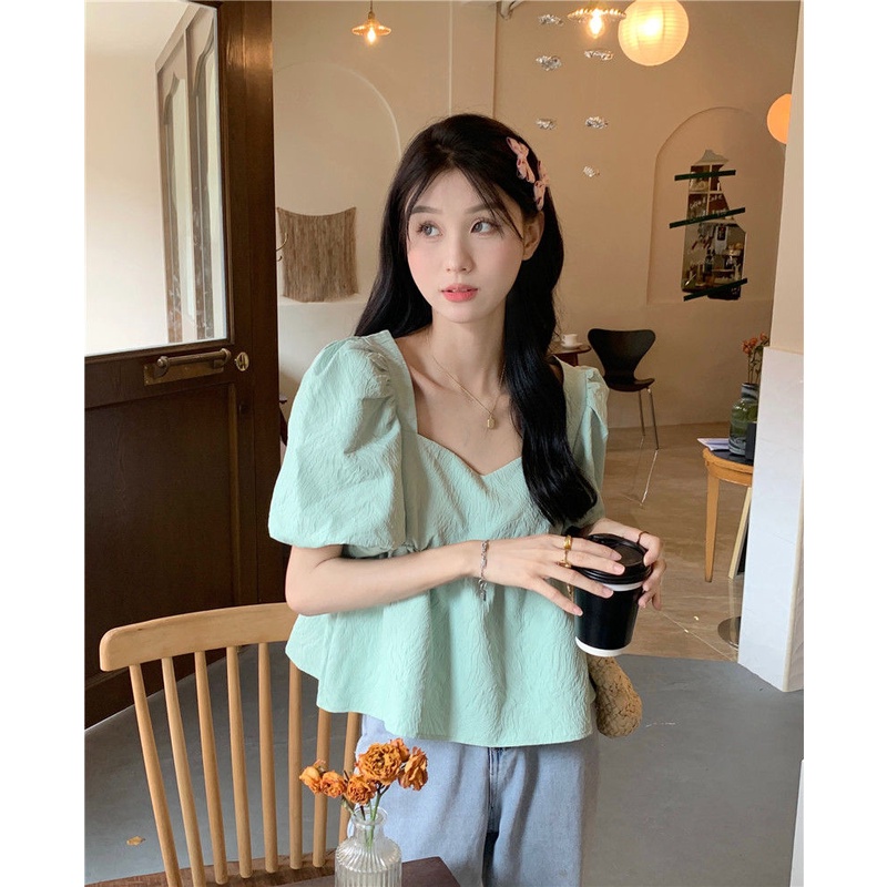 Áo Sơ Mi Tay Phồng Ngắn Cổ Vuông Màu Trơn Ngọt Ngào Thời Trang Cho Nữ