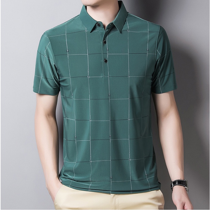 Áo Thun polo Tay Ngắn Dáng Ôm Vải Lụa Lạnh Mỏng Thoáng Khí In Họa Tiết Đơn Giản Thời Trang Cho Nam