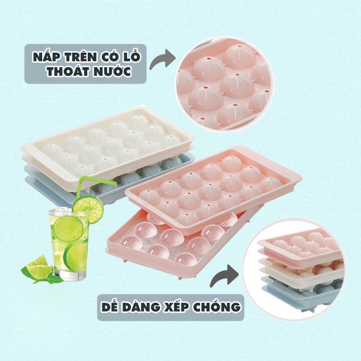Khay đá tròn 15 viên Việt Nhật 6979 có nắp đậy an toàn,Khuôn làm thạch bi tròn ngộ nghĩnh {H}