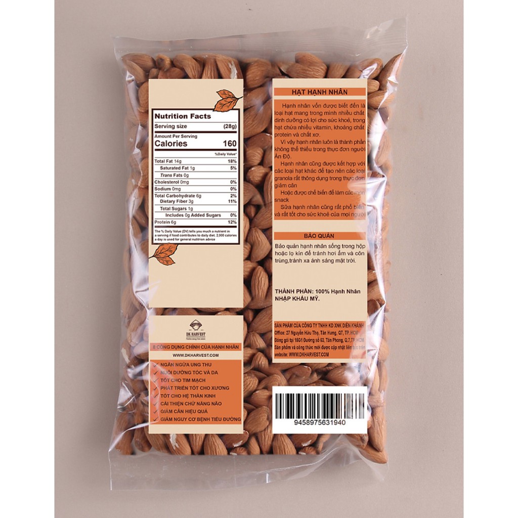 Hạt Hạnh Nhân Sống DK Harvest Nhập Khẩu Túi 500g