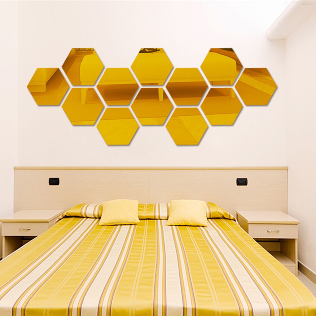 12pcs/set Hexagon Removable Acrylic Wall Stickers 3D Mirror Like Bedroom Mural Living Room Wall Ornaments  Kitchentool