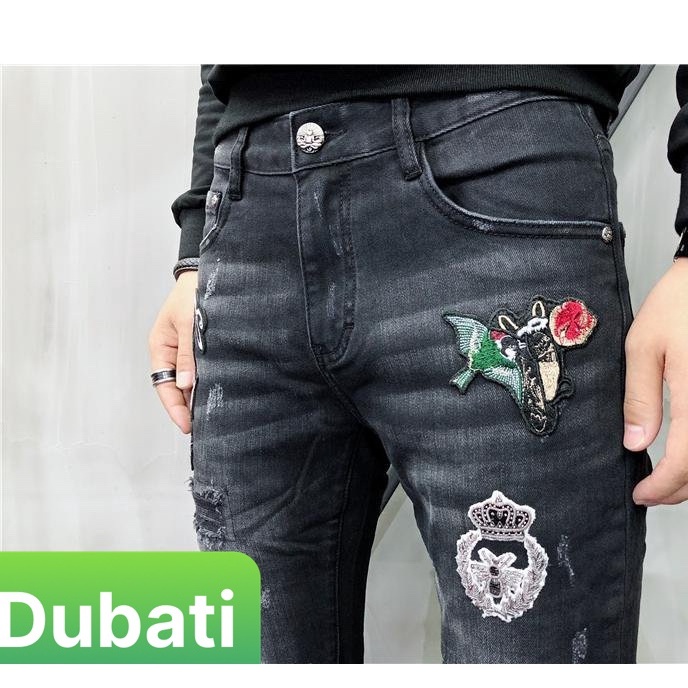 Quần Jeans Nam Chất Bò Đen, Quần Baggy Nam Đen Thêu Hình Mèo Hoa Wash Rách - DB 450- DUBATI FASHION
