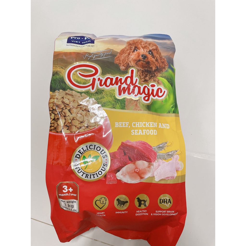 &lt; Túi 1KG &gt; Thức ăn cho Chó - Hạt Grand Magic Dạng viên vị thịt bò, gà và hải sản.