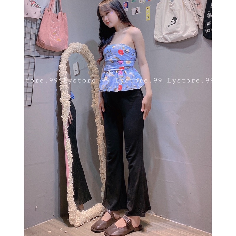 (Hình shop chụp) Áo ống hoa, quần loe thun dài, quần đùi jean hot trend