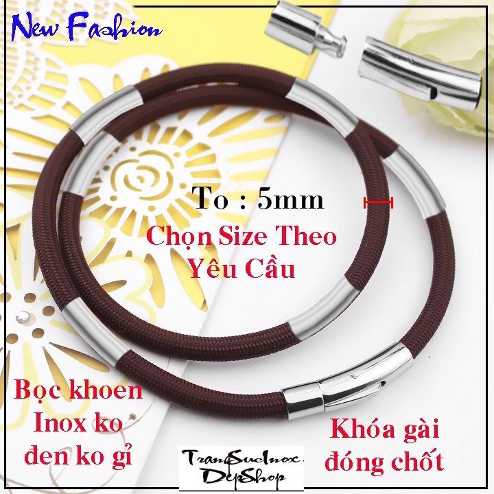 Dây chuyền nam dù Thái màu nâu 5 ly bọc khoen inox trơn sáng bóng không đen, khóa vip - Thể hiện đẳng cấp phái mạnh