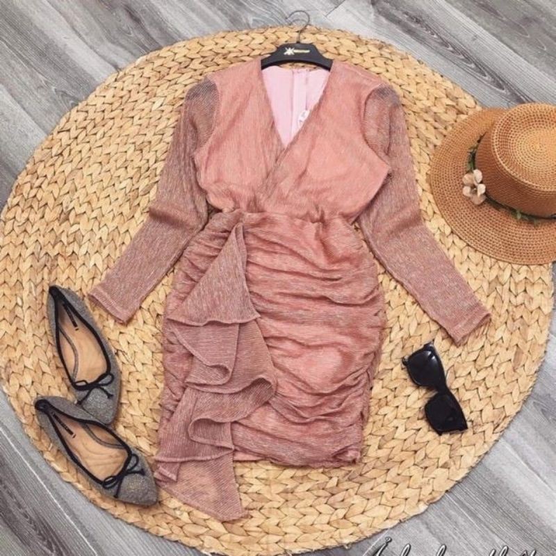 Đầm ôm nhũ kim tuyến ( Size S-M-L-XL ) tay dài cổ V đắp chéo eo phối bèo HÀNG THIẾT KẾ Cao Cấp | BigBuy360 - bigbuy360.vn