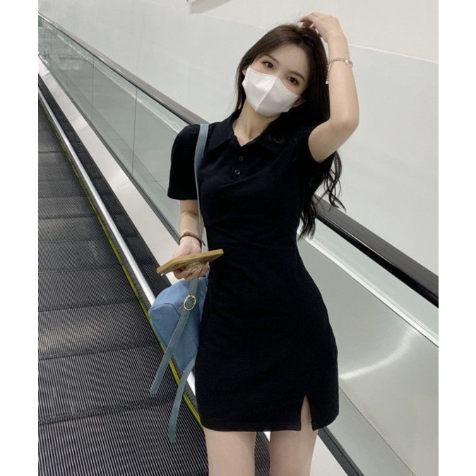 Đầm Thun Đen Cổ polo Dáng Ôm Chiết Eo Cá Tính Dễ Phối Đồ