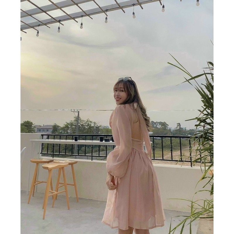 ẢNH THẬT TRẢI SÀN - ĐẦM MIDI HỒNG TAY DÀI NƠ CỔ