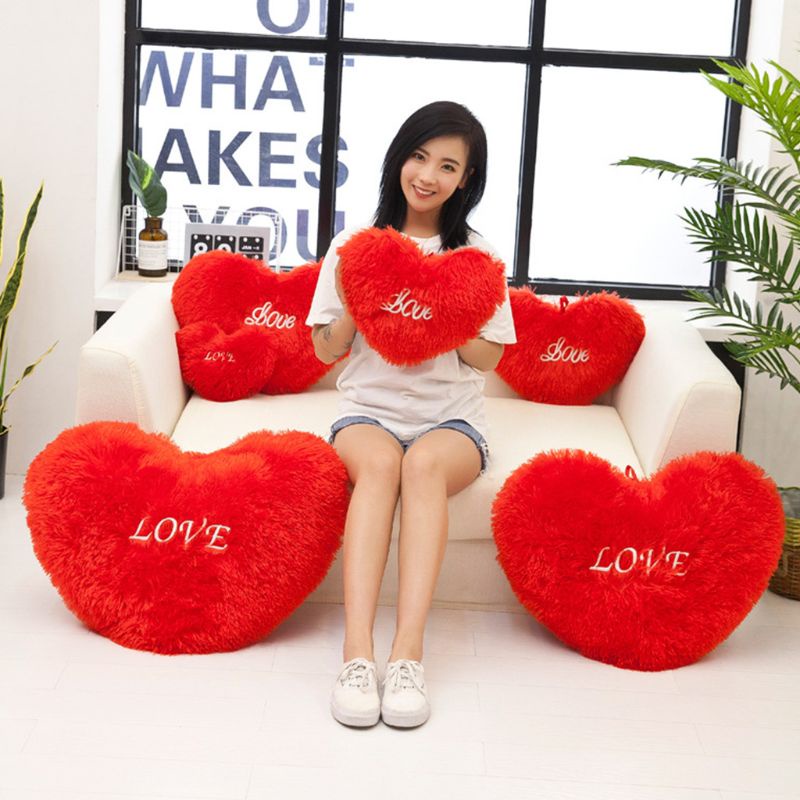 Gối lông nhung dài mềm hình trái tim đỏ thêu chữ LOVE trang trí sofa nhà ở/quà tặng đám cưới/dịp Valentine
