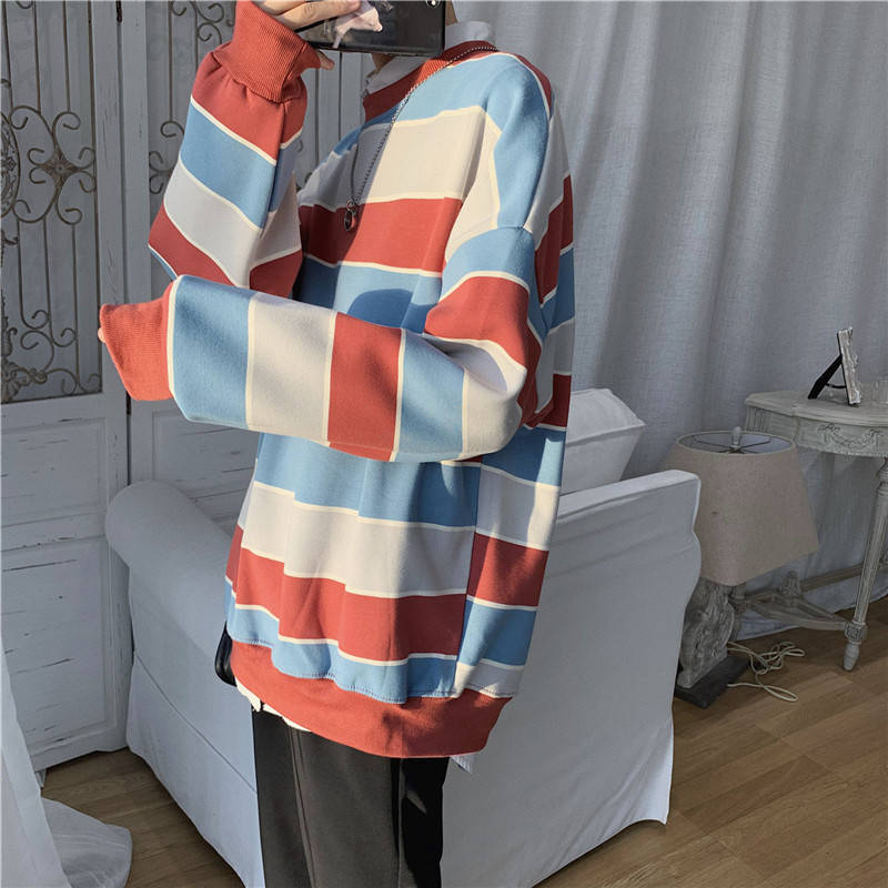 Áo Hoodie Nam Striped Sweater Men's Korean Loose Student Round Neck Thin Jacket