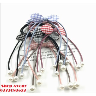 Combo 10 dây cột tóc nơ sọc caro ruy băng đính ngọc trắng