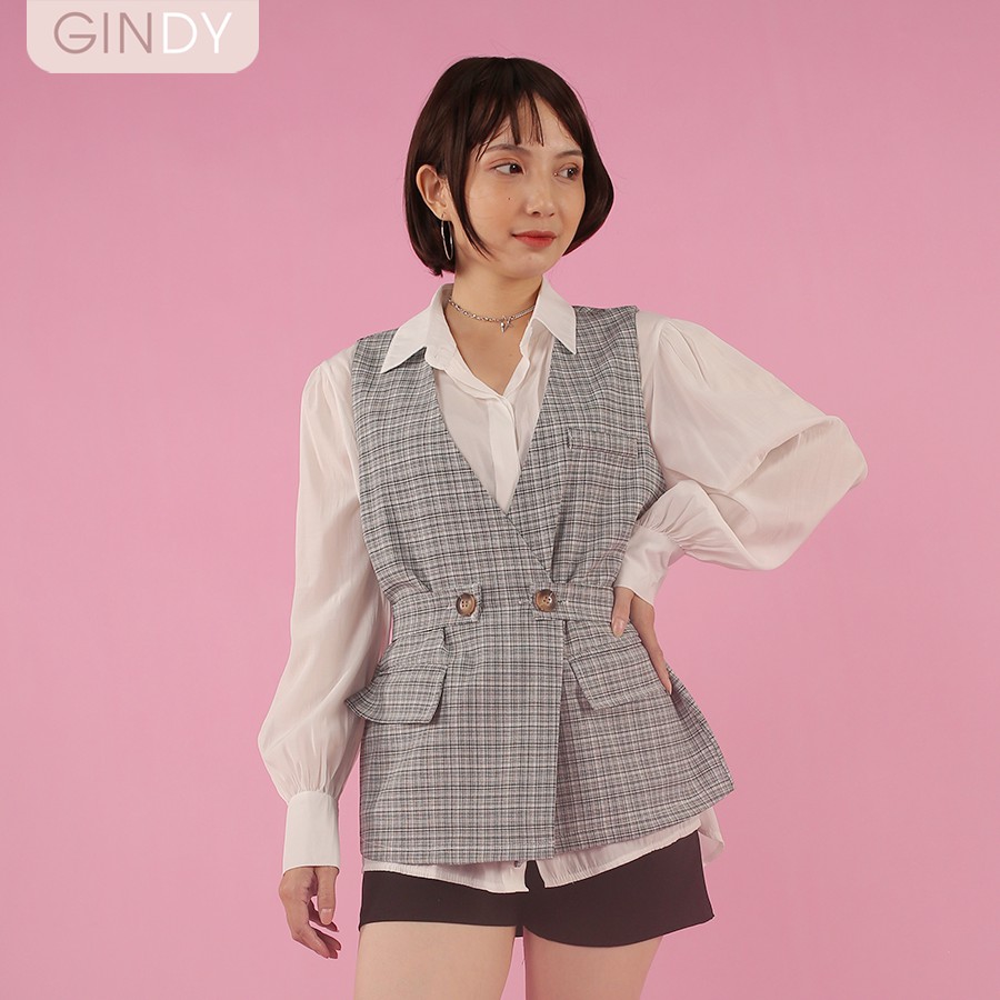 Set áo GINDY sơ mi tay bồng cách điệu mix áo vest kaki không tay #8