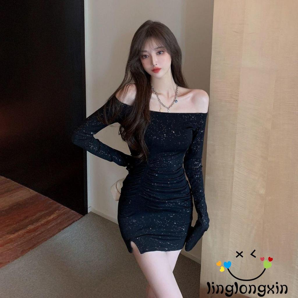 Linglongxi2-đầm Quấn Tay Dài Hở Vai Màu Đen Đính Đá Trang Trí Dành Cho Nữ Size S / M / L / XL / XXL