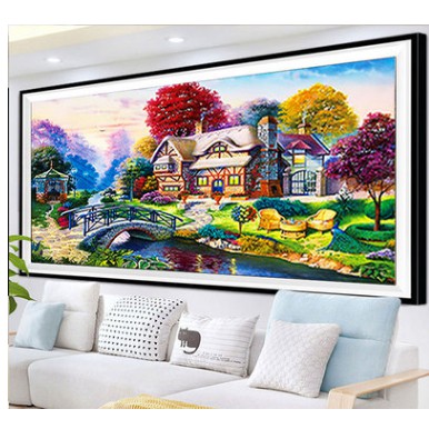 Tranh thêu chữ thặp phong cảnh mùa xuân THÊU KÍN